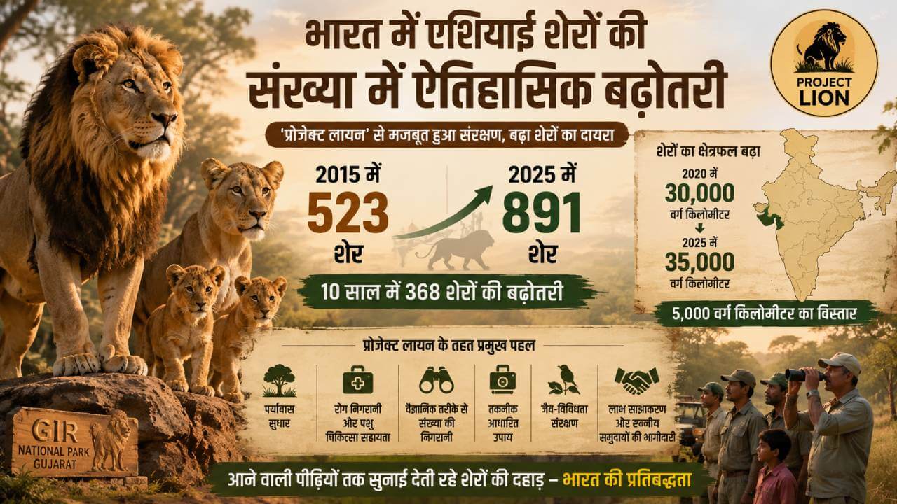 भारत: 10 साल में एशियाई शेरों की संख्या 523 से बढ़कर 891, ‘प्रोजेक्ट लायन’ से 5,000 वर्ग किमी बढ़ा दायरा